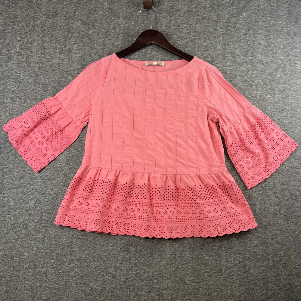Ann Taylor LOFT Blouse Womens‎ Size Small Solid Pink Lace Patterned Short Sleeve
